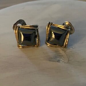 Gold Frame Blackish Gray Square Clip On Earrings